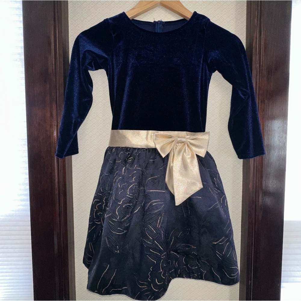 SWEÁ PEA & LILLI - Navy & Gold - Velvet Bodice, Taffeta Skirt & Bow/Sash Girls 6